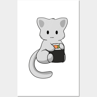 Grey Cat with Sushi Roll Posters and Art